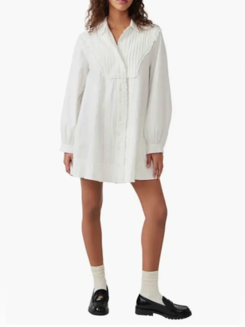 Free People. Cherry Long Sleeve Bib Mini Shirtdress. Optic White. Size Small.